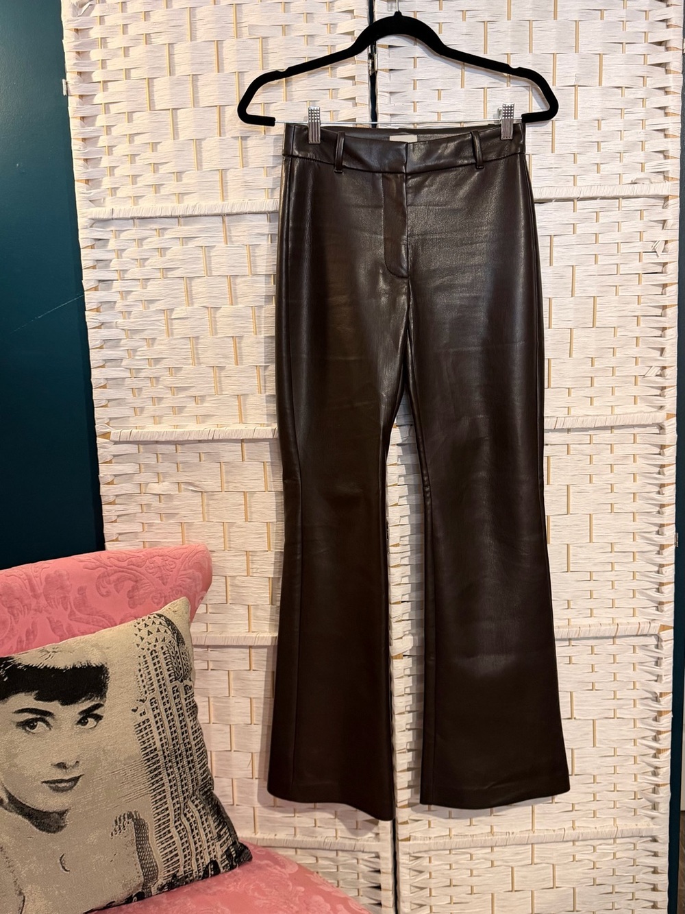 Wilfred dark brown Faux Leather pants with a flare at the bottom. In size 2